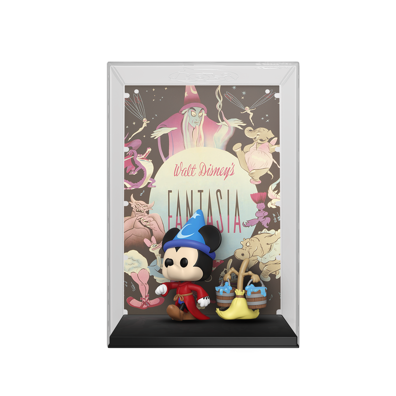 Pop! Movie Posters Sorcerer's Apprentice Mickey with Broom features the original poster artwork from Disney's Fantasia, along with a Funko Pop! of Mickey Mouse dressed in a red robe and starred wizard hat. A broom carrying buckets of water appears next to him. The artwork and collectibles appear in a transparent acrylic display case.